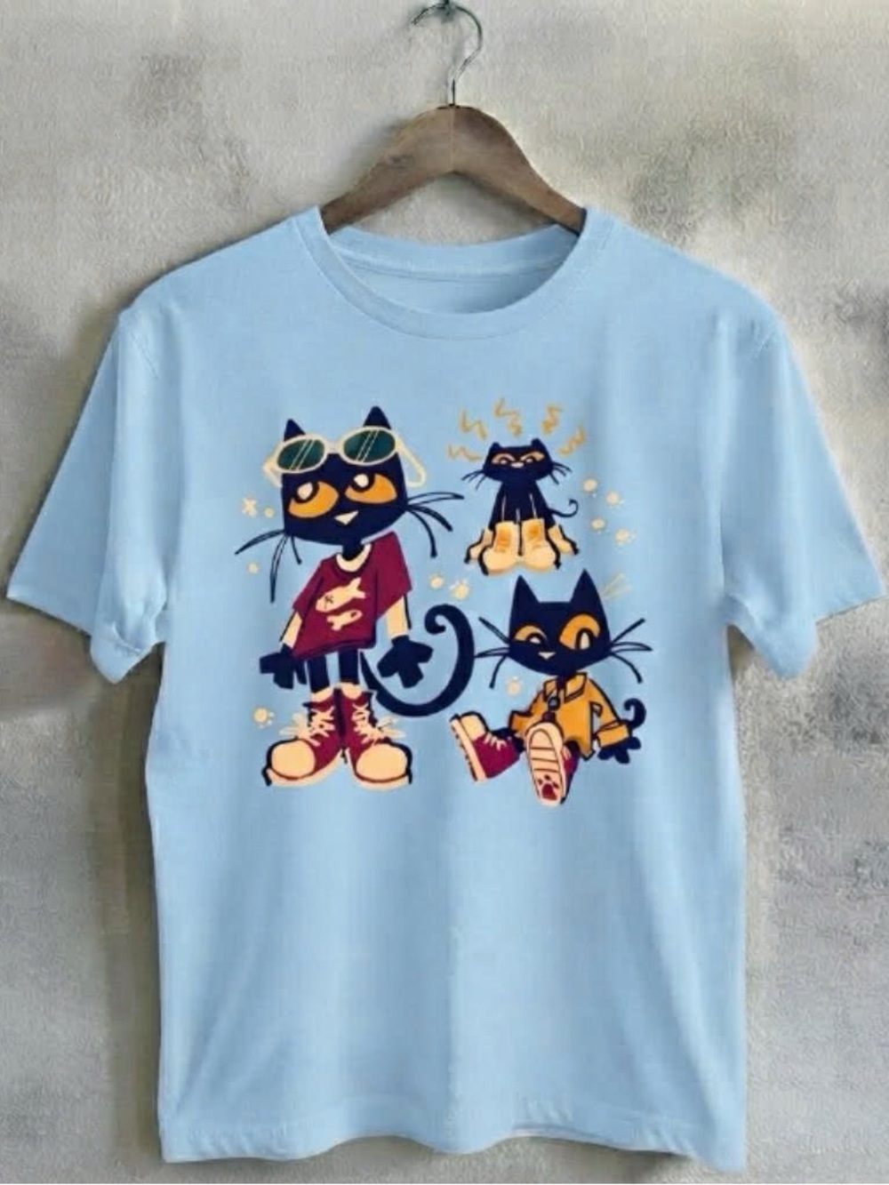 Light Blue Cat Graphic Tee Cartoon Style Gildan Shirt